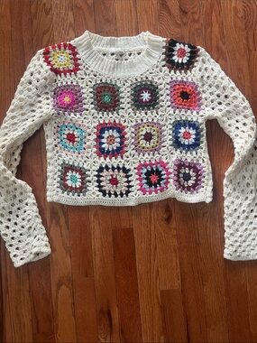 debut Cream Crochet Granny Square Crewneck Sweater with Multicolor Accents
